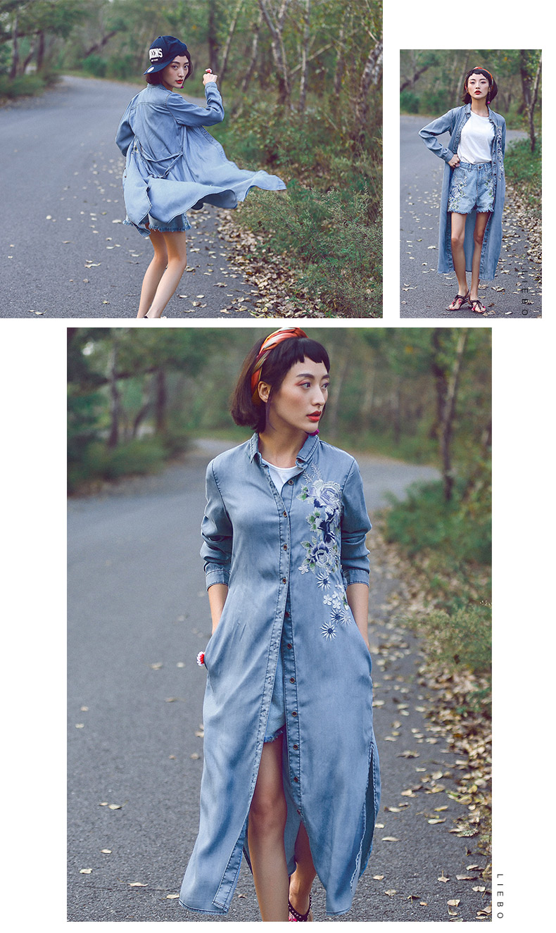 裂帛2019夏装新品翻领长袖刺绣衬衣裙侧开叉牛仔连衣裙女51161752