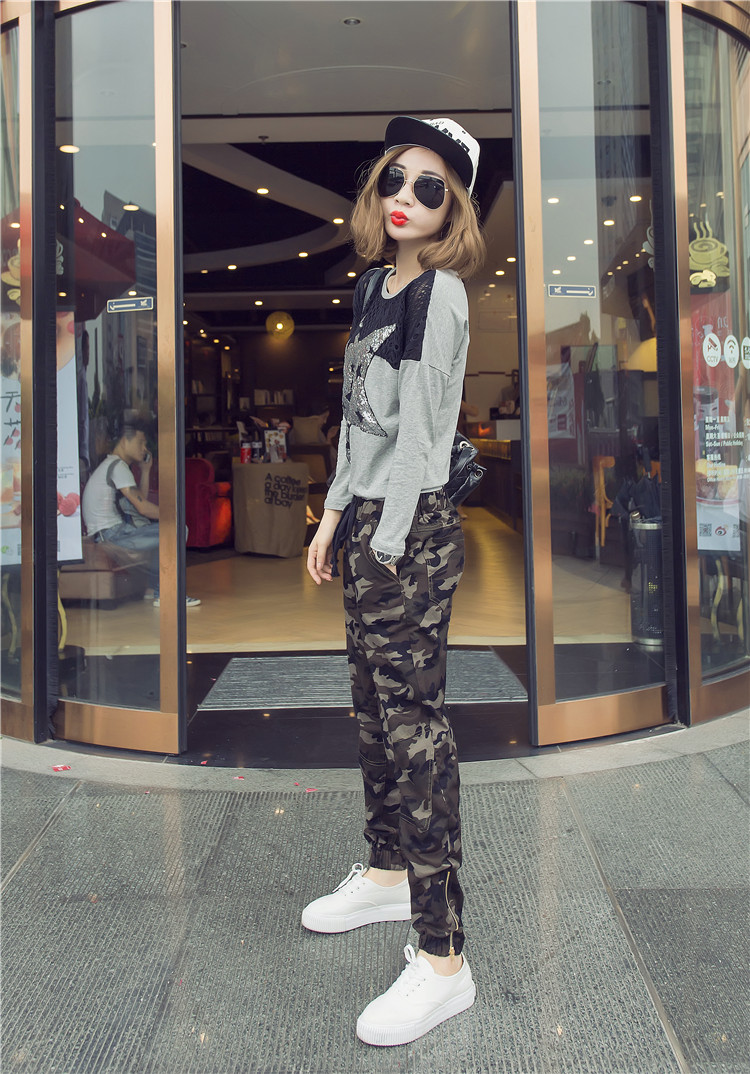 qma新款迷彩裤女秋冬装蘑菇街棉韩版九分休闲裤子宽松小脚哈伦运动