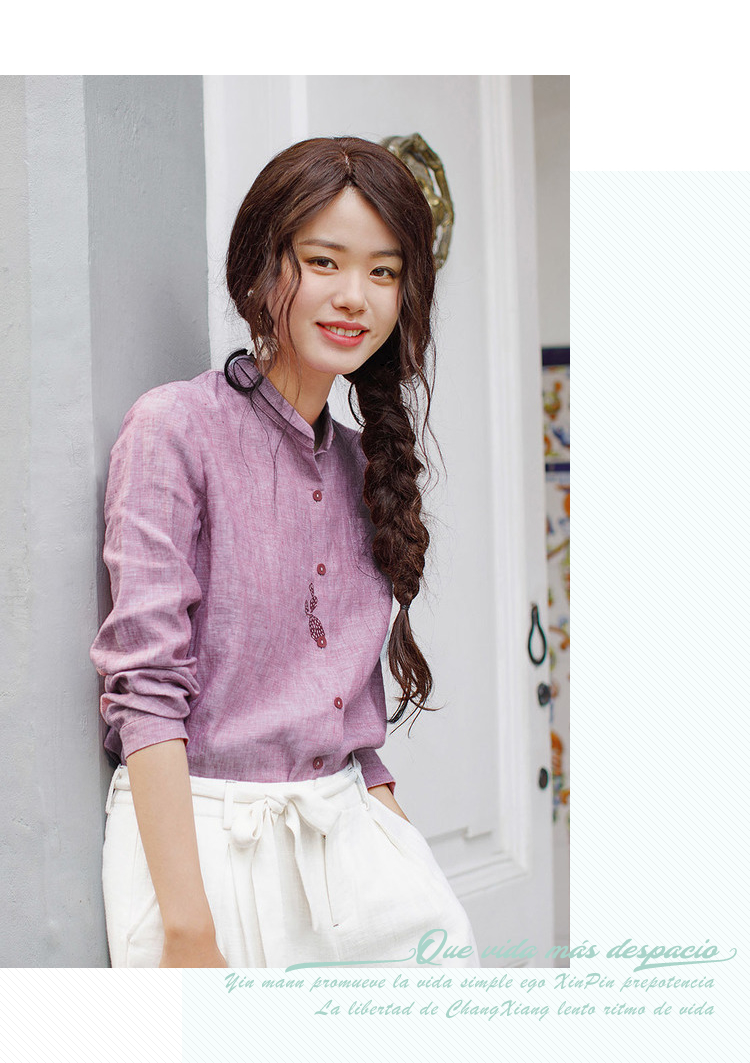 茵曼(inman)女士衬衫 茵曼inman春装新款小翻领印花长袖百搭亚麻衬衣