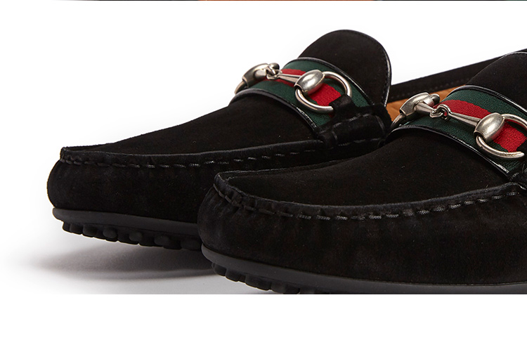 gucci古驰饰条纹织带和马衔扣皮革驾车鞋懒人鞋休闲鞋男450892