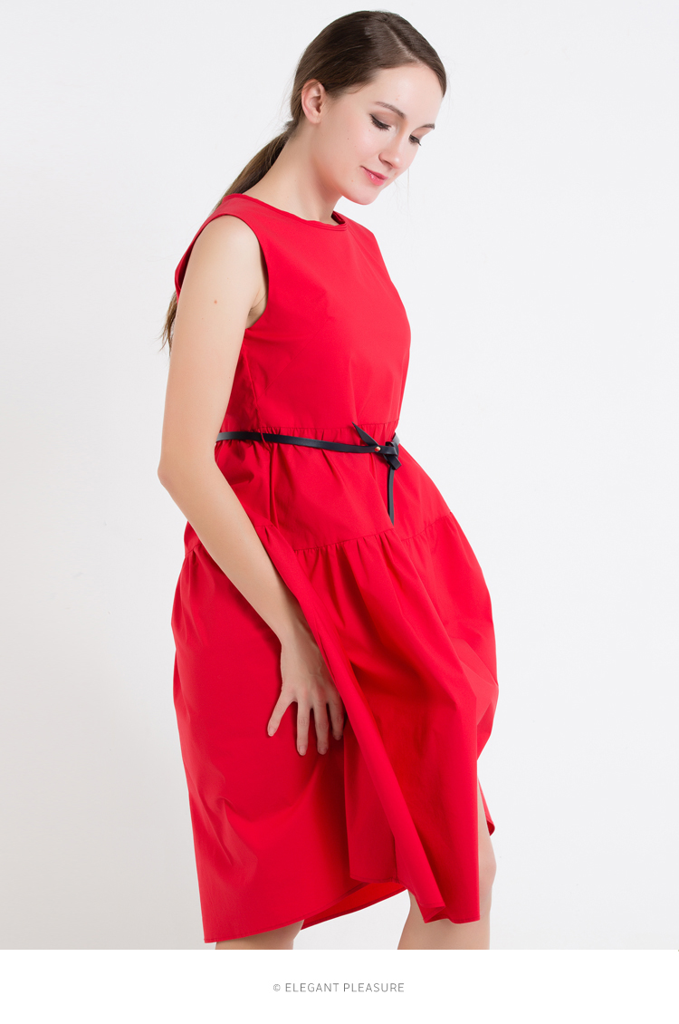 aline阿莱2018春季专柜同步新款红色无袖连衣裙系带高腰中长裙