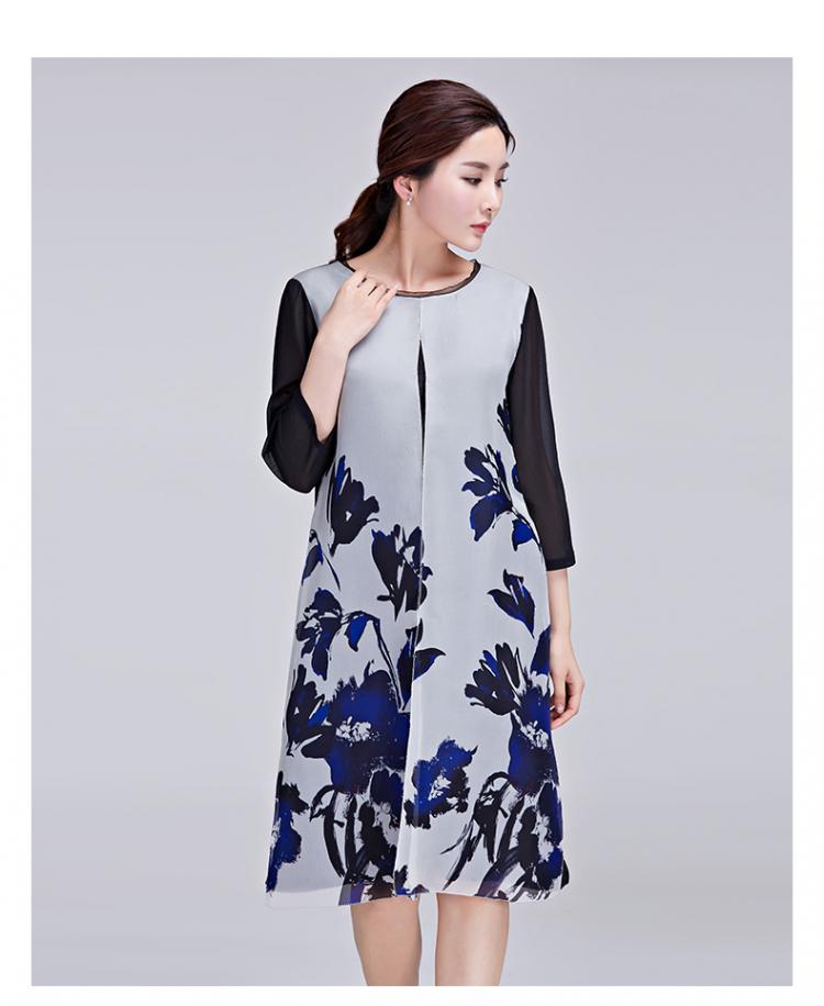 绣娘丝绸2017新品飘逸桑蚕丝拼纱连衣裙优雅中款黑色女裙春夏装