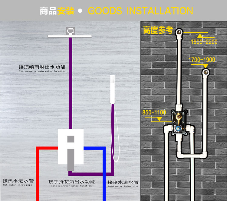 入墙式增压淋浴器花洒套装酒店浴室暗装洗澡喷头铜卫浴方形都市诱惑