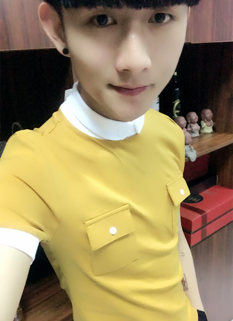 902新款快手红人同款青年短袖修身棉t恤紧身翻领小衫社会精神小伙潮男