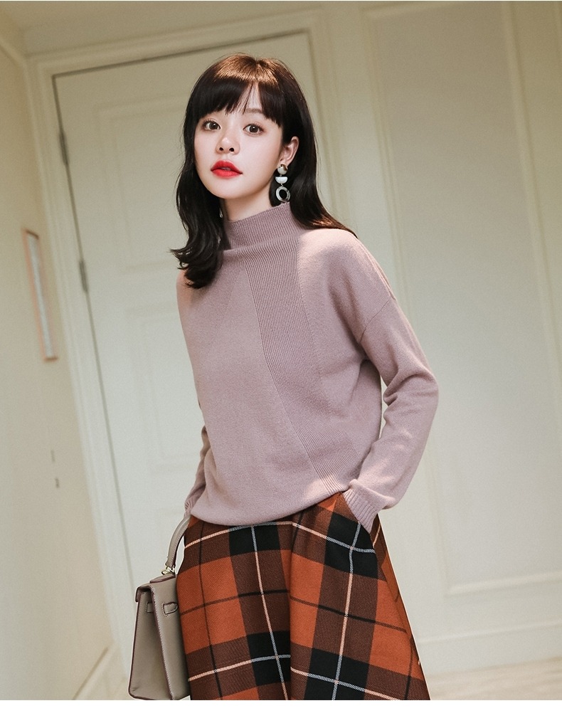 opzc女士针织/毛衣 显瘦半高领山羊绒针织衫纯色花型毛衣女2018秋冬