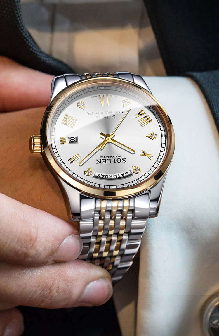 sollen梭伦手表男全自动机械表超薄镶钻腕表日历休闲潮流