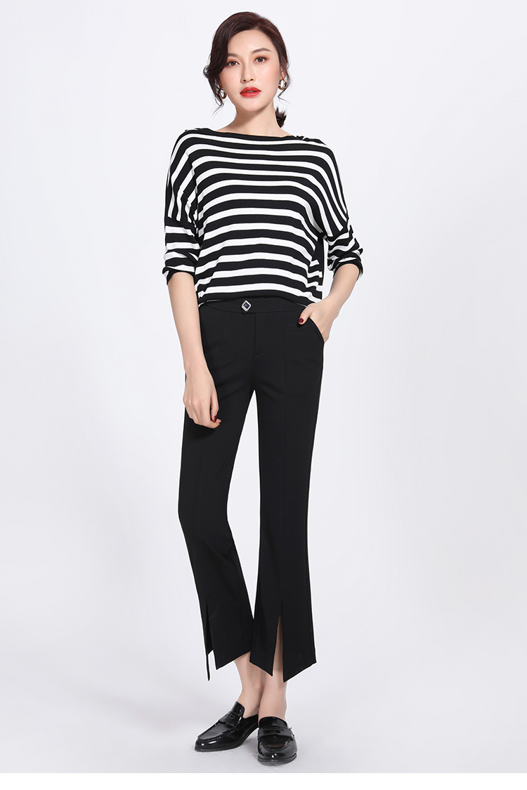 菱形脚口开叉气质百搭八分休闲微喇裤子女2019春夏黑色6097
