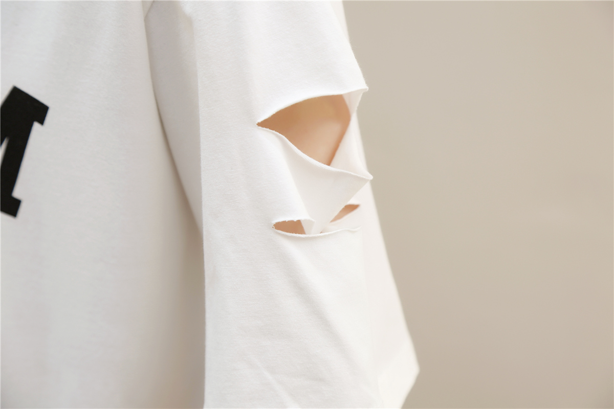 bw9新款韩范破洞短袖t恤女夏衣服宽松韩版学生字母印花个性百搭半袖