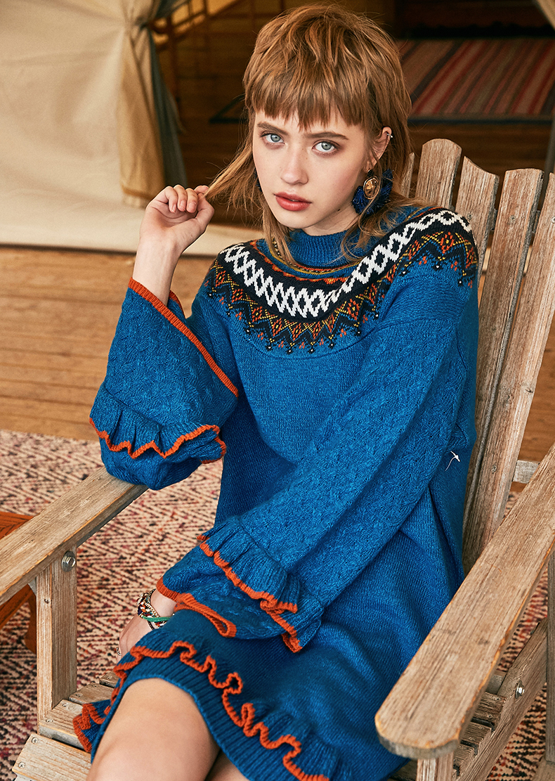 裂帛连衣裙女2020春季新款民族风提花复古宫廷风针织荷叶边裙子秋