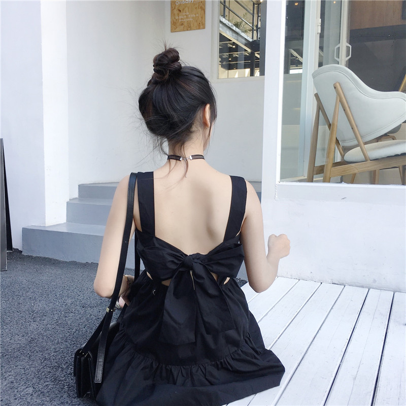 2018夏季新款女装韩版后背绑蝴蝶结露背无袖小洋装连衣裙摆裙裙子