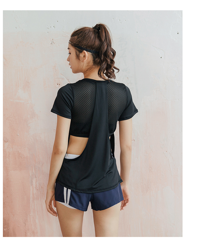 镂空性感运动罩衫女宽松健身服夏跑步运动上衣薄露背速干t恤短袖h