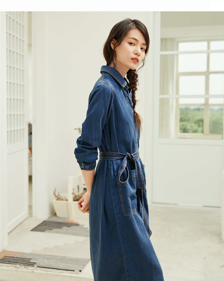 茵曼秋装天丝棉复古文艺翻领绑带直身连身裙女