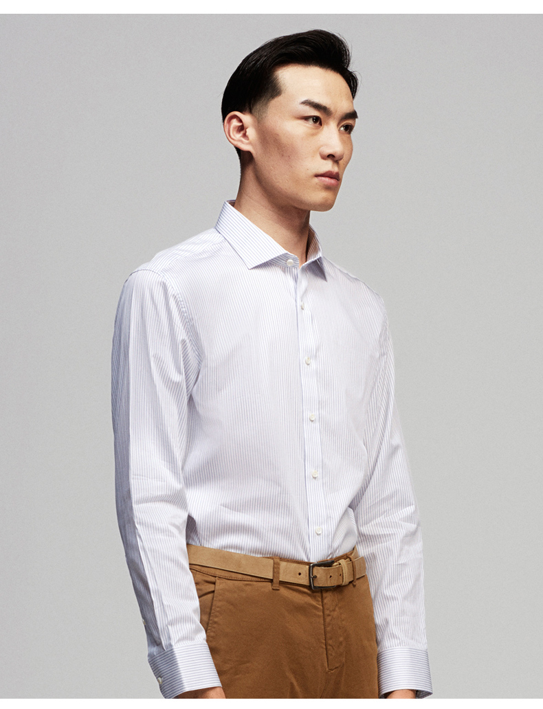 虎豹男士条蓝长袖涤棉衬衫条紫合身商务休闲男装