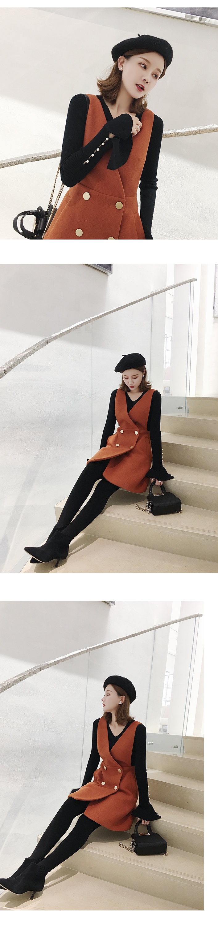 新款式滕雨佳少女的心头爱遮肉显瘦抬气质双排扣毛呢背带连衣裙定制款