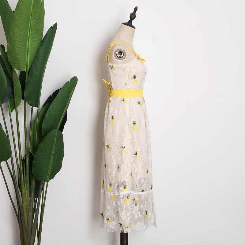 上新款 苏以原创女装 菠萝裙 文艺复古优雅蕾丝刺绣高腰显瘦吊带裙中