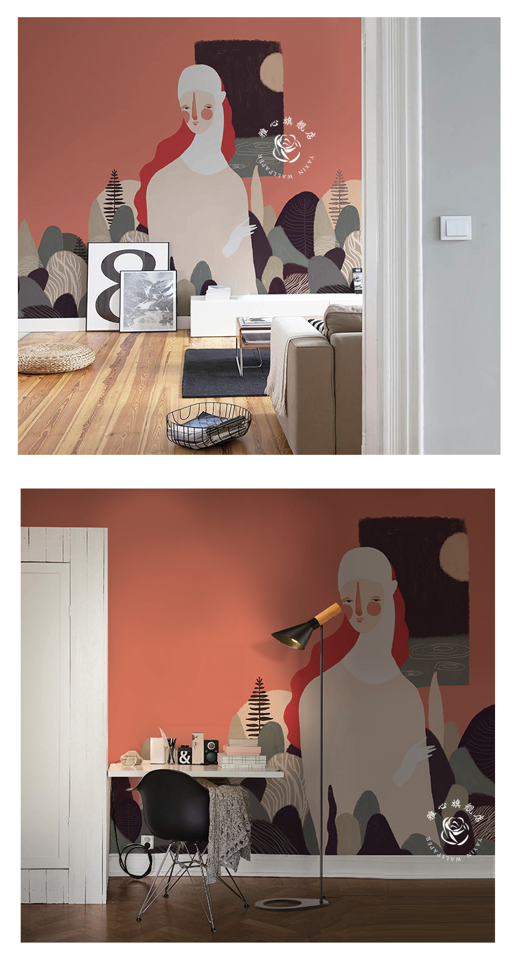 手绘艺术创意壁纸北欧风格墙纸客厅卧室无缝墙布电视背景壁画壹德壹