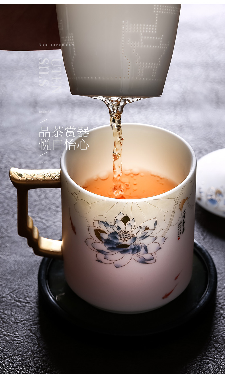 领艺优选渡景山房羊脂玉描金茶杯德化白瓷素烧白玉瓷马克杯大容量陶瓷