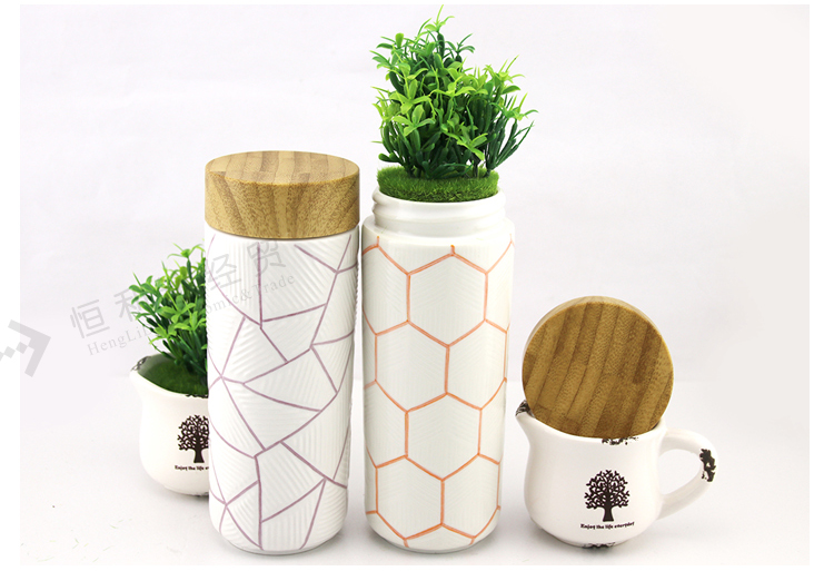 活瓷杯正品七巧板随身杯六棱纹随身杯双层350ml创意陶瓷便携水杯子