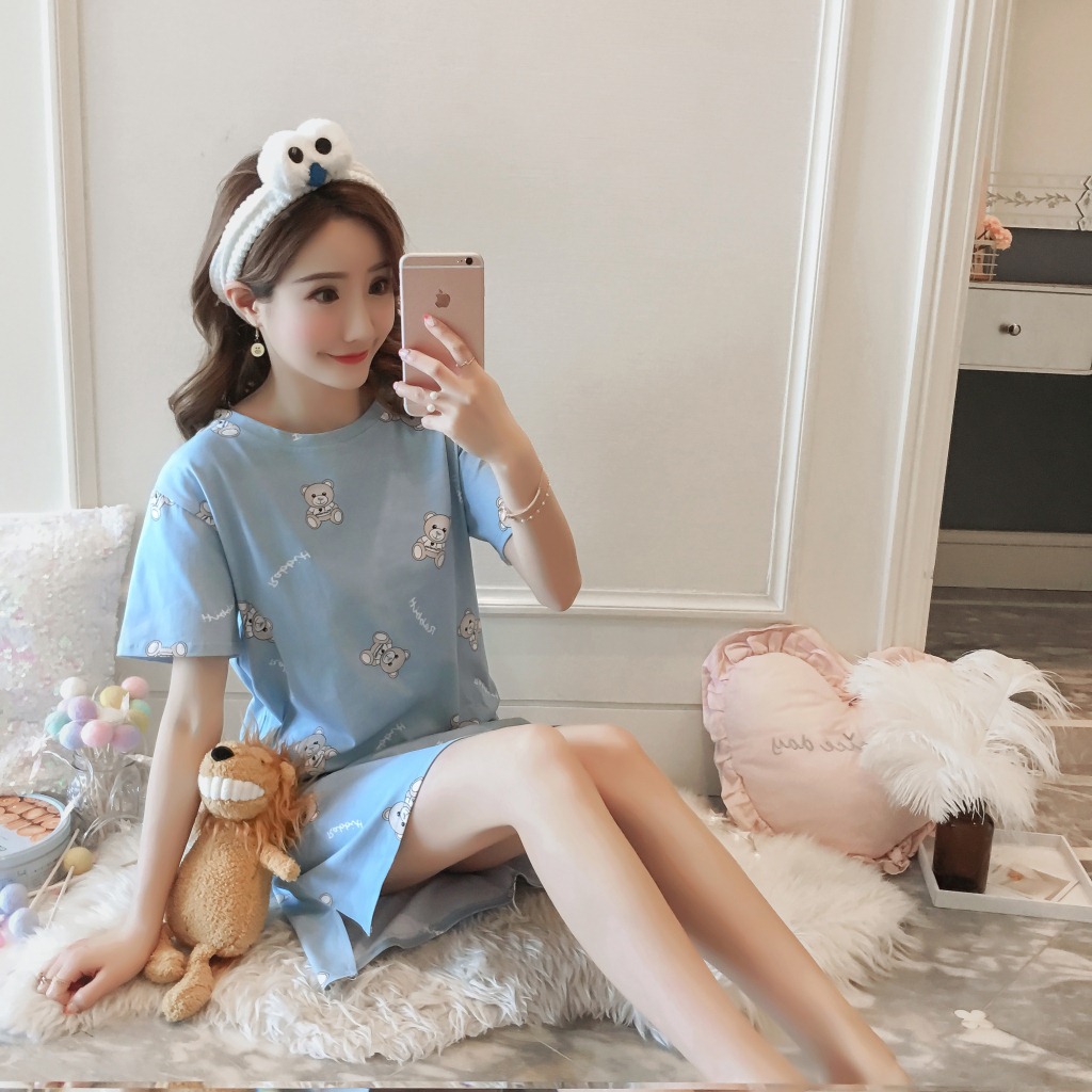 睡裙少女纯棉短袖韩版甜美清新夏天可爱卡通本本熊学生宽松家居服