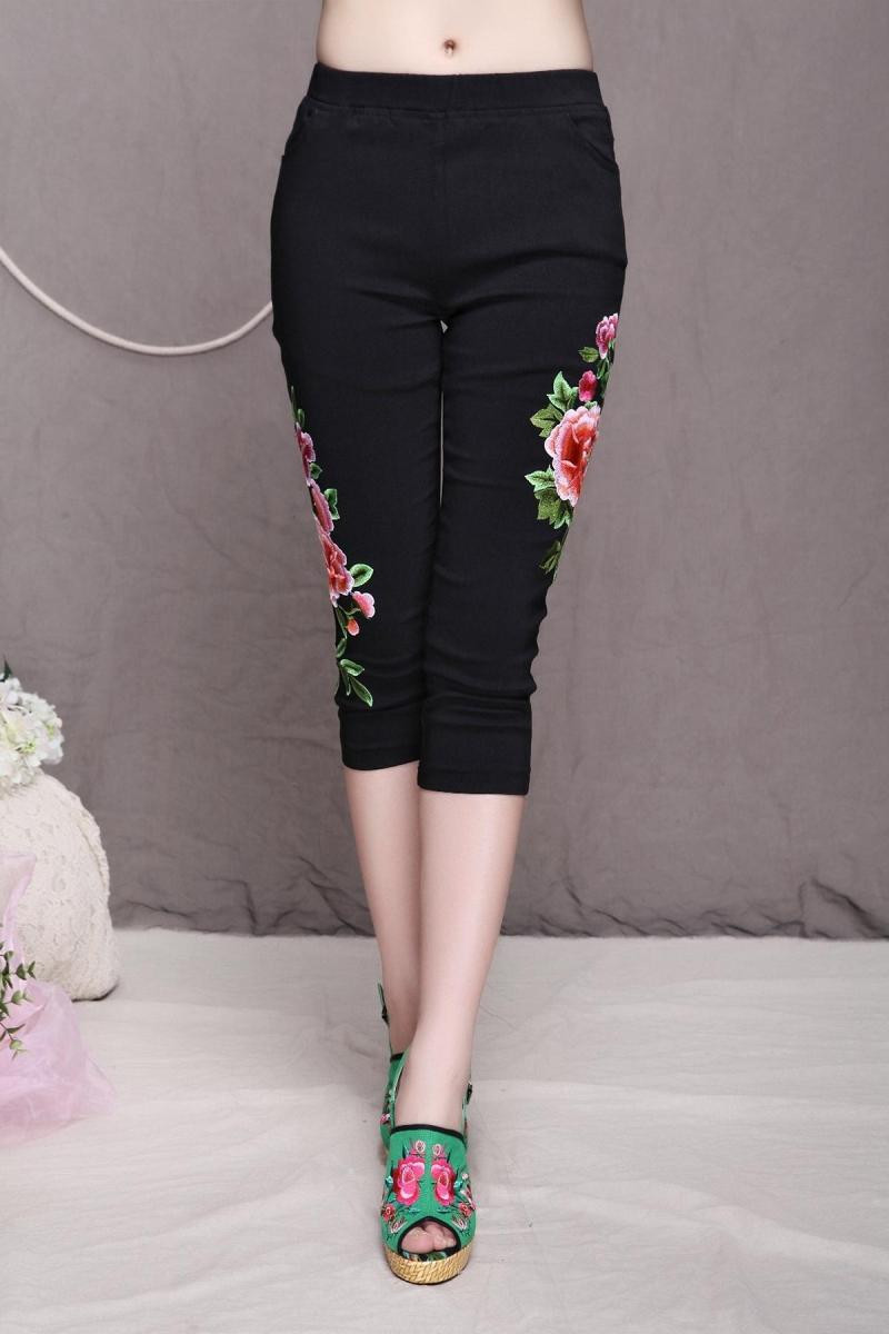 2016女装民族风新款多彩牡丹花绣花七分裤打底裤