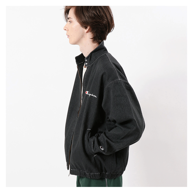 日版champion冠军正品水洗黑色草字刺绣logo牛仔夹克外套c8p601