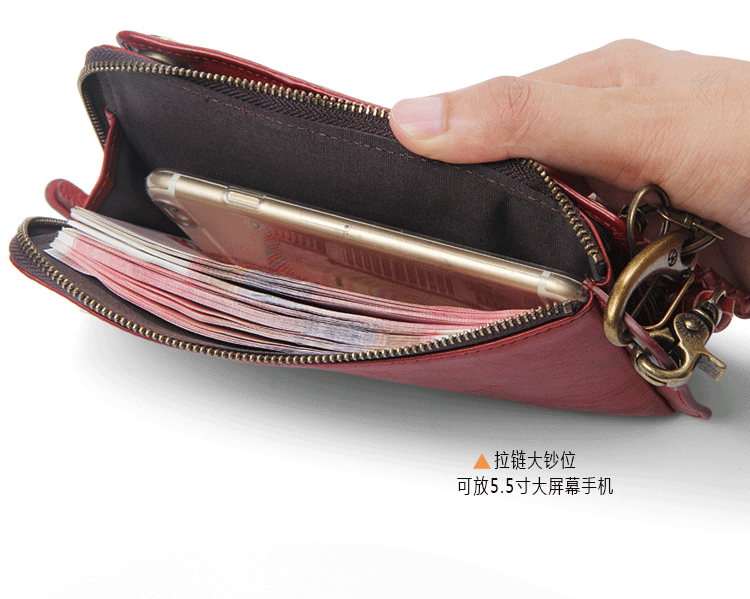 原创手工复古男士钱包长款拉链牛皮搭扣多功能手机真皮防盗链条