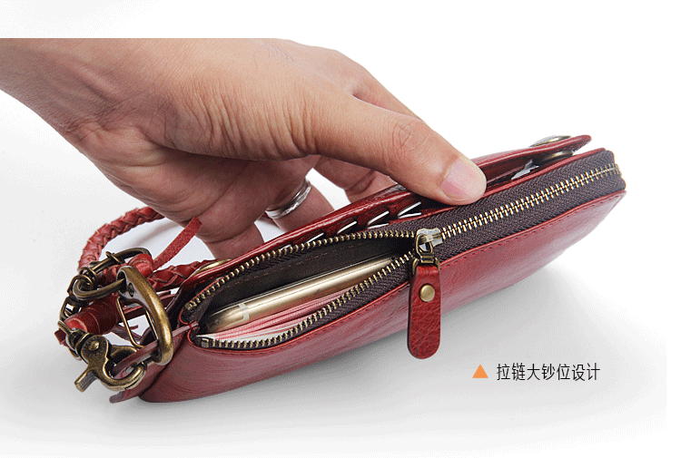 原创手工复古男士钱包长款拉链牛皮搭扣多功能手机真皮防盗链条