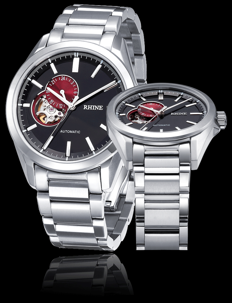 自营莱茵rhine镂空机械表手表商务男表精钢表带皮带蓝宝石防水机械