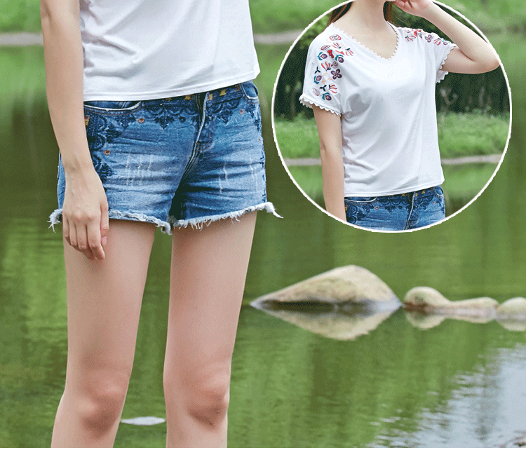 2016夏季新款刺绣脚口毛边低腰超短裤复古风牛仔裤女 卜柘女士牛仔裤
