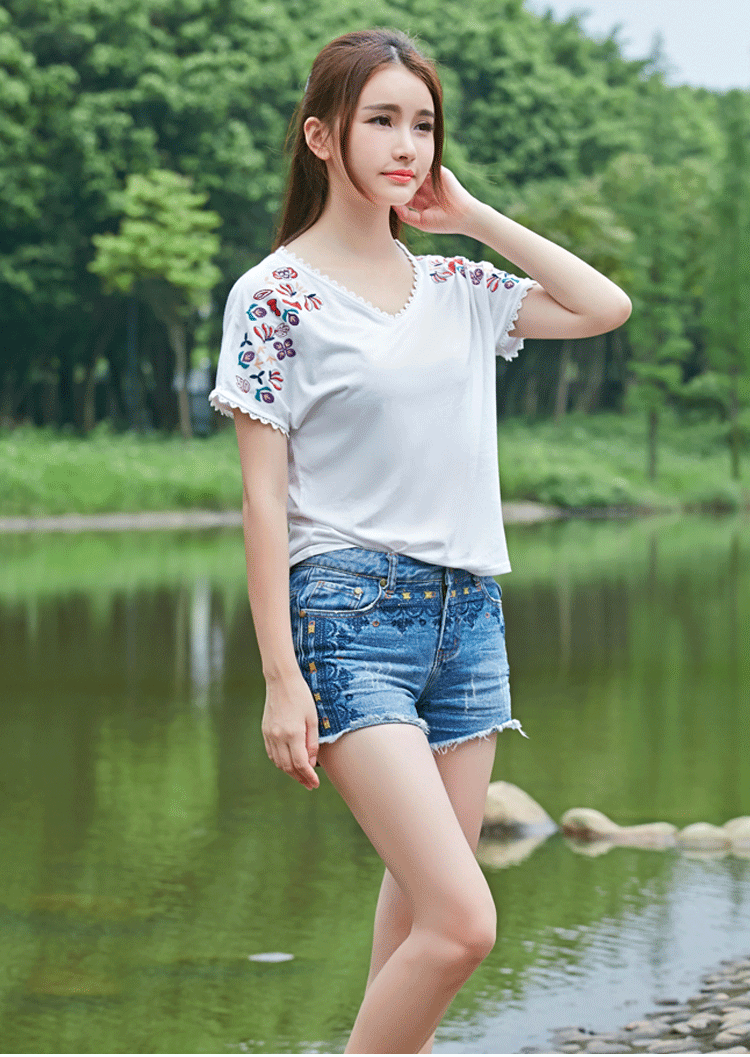2016夏季新款刺绣脚口毛边低腰超短裤复古风牛仔裤女
