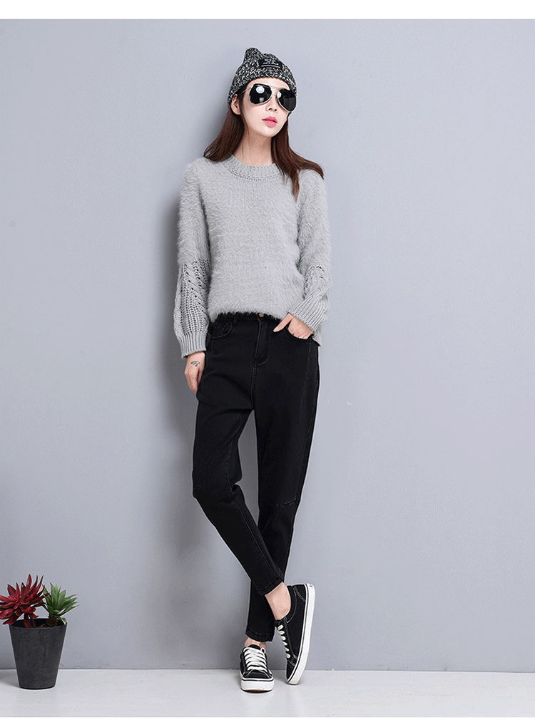 麦瑞思2017冬季新款加厚加绒牛仔裤女萝卜裤高腰韩版宽松长裤显瘦哈伦